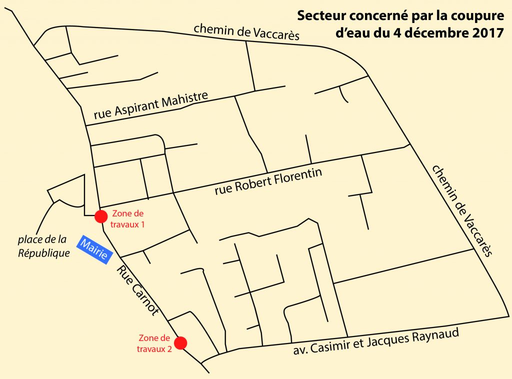 Plan du secteur concerné par la coupure d'eau à Saint-Laurent d'Aigouze le 4 décembre 2017