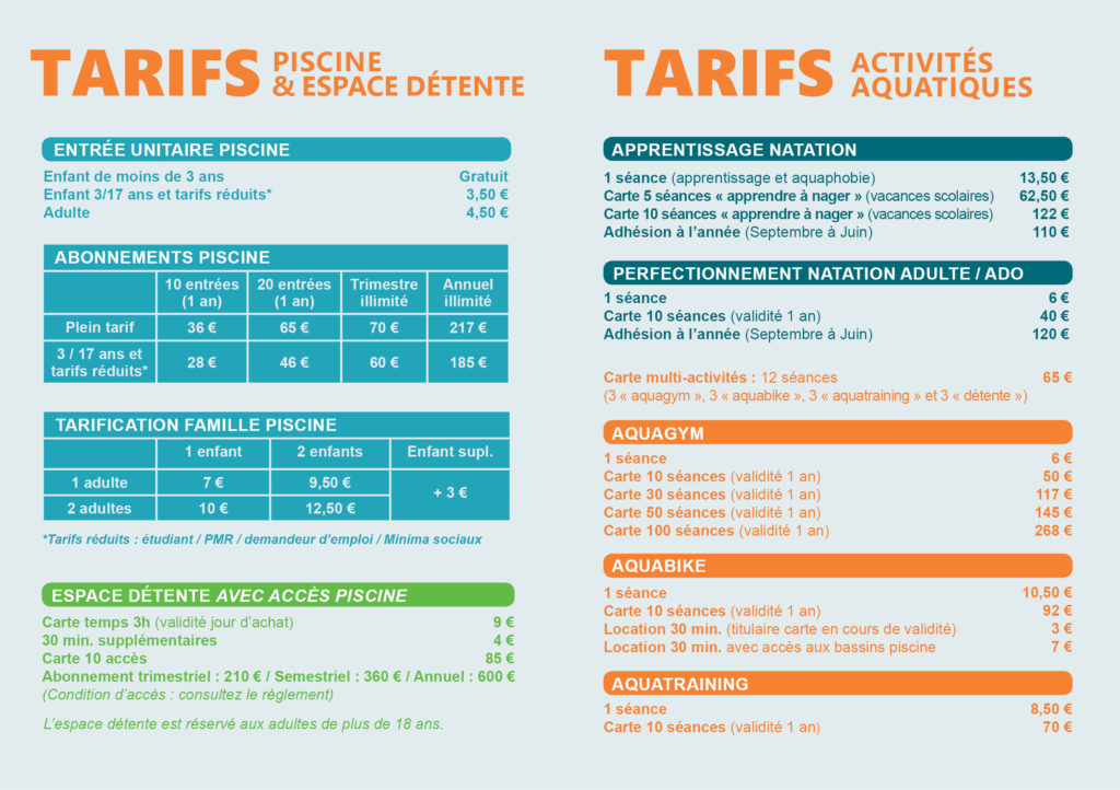 Les tarifs de la piscine Aqua Camargue septembre 2021