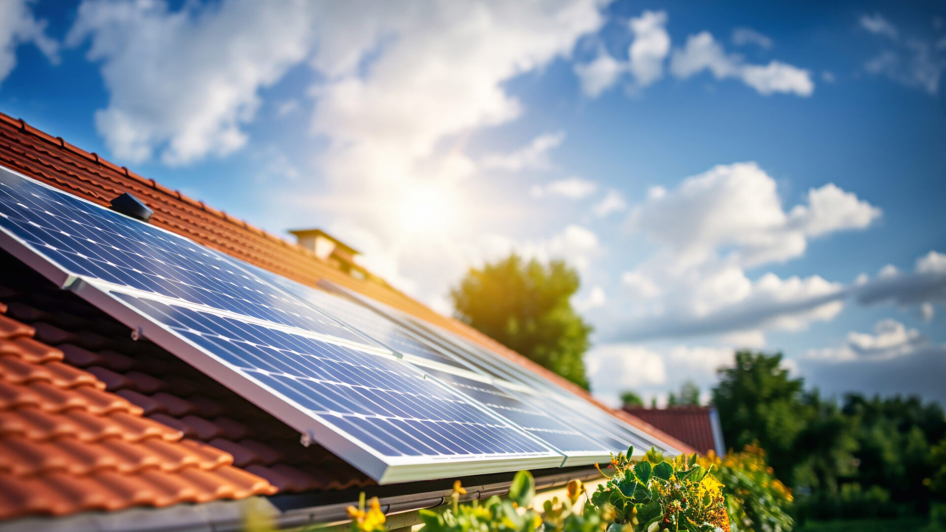 Solar panels on the roof of the house and blue sky.  Generative AI.