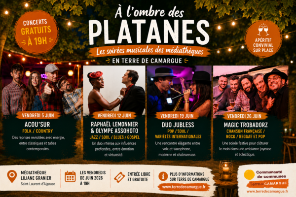 Soirées musicales de juin 2026 à l’ombre des platanes en Terre de Camargue
